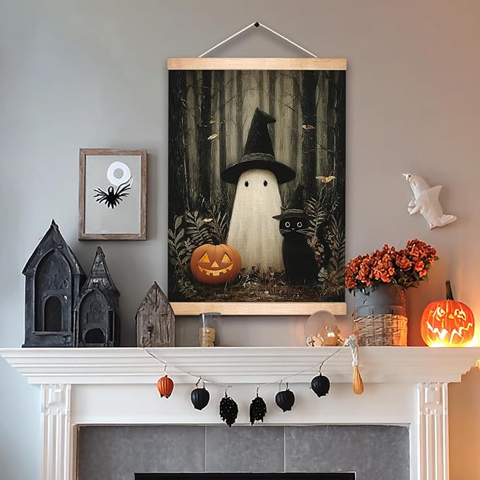 Rustic Halloween Ghost and Black Cat with Pumpkin Wall Art 18.5x14 Inch,Halloween Linen Canvas Wall Hanging Poster Decor, Retro Gothic Haunted House Theme Wall Poster for Living Room (BLK03)