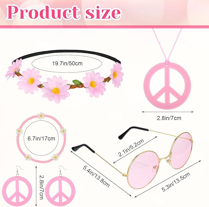 6 Pcs Hippie Costume Accessories Set 60s 70s Dressing Accessory Flower Crown Headband Peace Sign Necklace Earrings Bracelet Colored Hippie Sunglasses Costume Supplies for Christmas Carnival Party