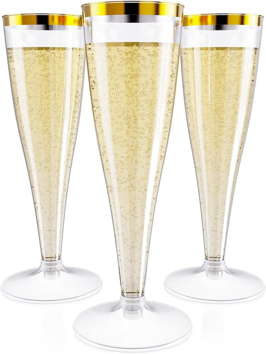JOLLY CHEF 36 Count Plastic Champagne Flutes 4.5 oz Gold Rim Clear Disposable Toasting Glasses