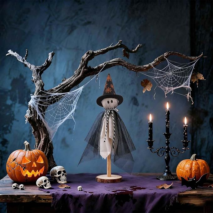 Halloween Decorations Indoor, Set of 3 Sizes Fabric Ghosts with Spiderweb Witch Hats, Primitive Wood Ghost Kit for Table Centerpiece Farmhouse Shelf Mantel Kitchen Home Decor (Black)