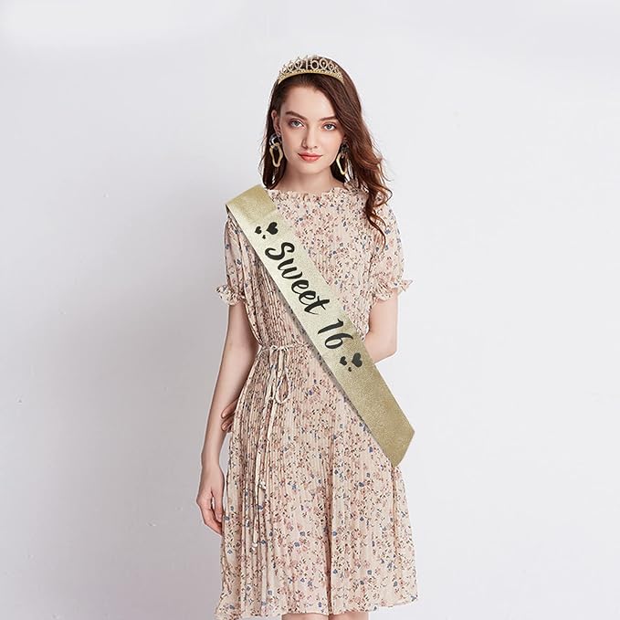 7th Birthday Party Set - Glitter Sash, Tiara Crown, and Decorations for Girls, Gold