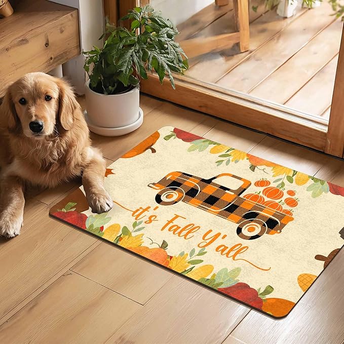 Fall Welcome Maple Leafs Decorative Door Mat, Autumn Thanksgiving Doormat for Indoor Outdoor Entrance Floor Mats,Fall Pumpkins Non Slip Harvest Vintage Decor Rubber Welcome Mats 16" x 24" Inch