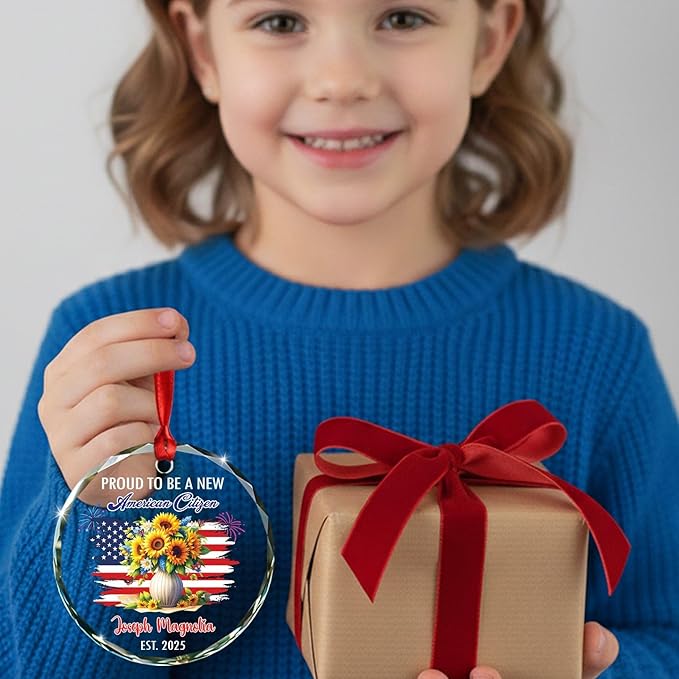 Proud to Be A New American Citizen Glass Christmas Ornament 2025, Custom USA Flag Xmas Ornament Gift for Grandma Wife Mom Immigrants Naturalization, Personalized Name USA Citizenship Decor Ornaments