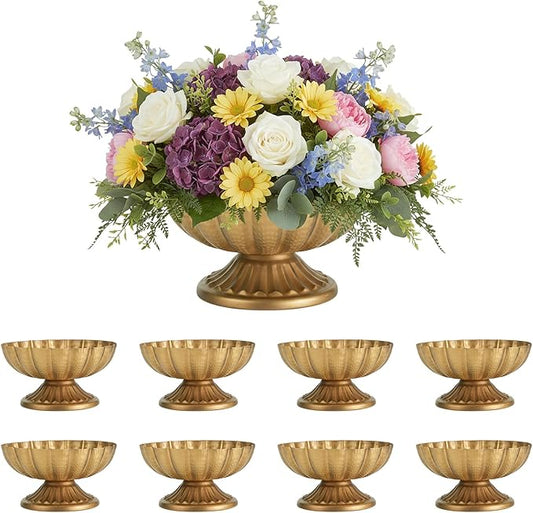 8 Pack Urn Vases for Wedding Centerpieces Vintage Gold Metal Vase Flower Arrangement Pots for Table Hammered Compote Bowl for Christmas Anniversary Party Indoor Outdoor