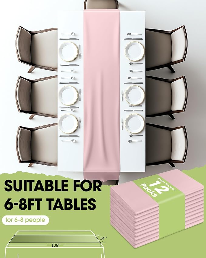 Pureegg Dusty Pink Plastic Table Runners - 12 Pack, 14'' x 108'', Water Resistant & Disposable Centerpiece Decorations for Table Cloth, Wedding, Birthday, Holiday, Baby Shower, Party, Home Decor