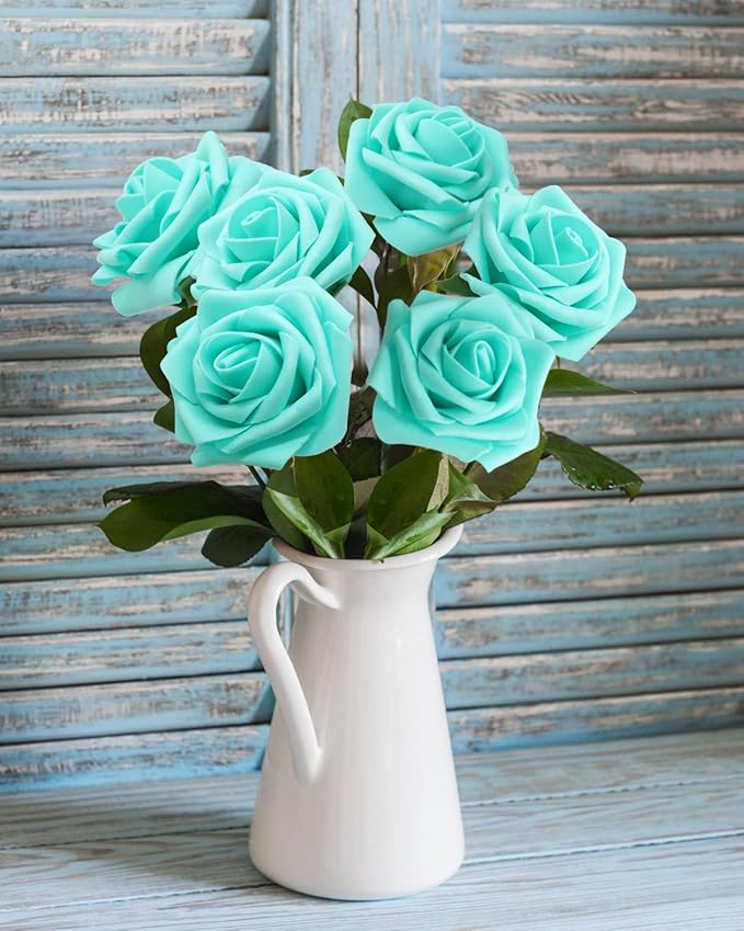 JOYLEX Artificial Flowers Realistic Roses, 50pcs Real Looking Fake Roses with Stem for DIY Wedding Bouquets Centerpieces Bridal Shower Party Home Romantic Decorations (Turquoise)