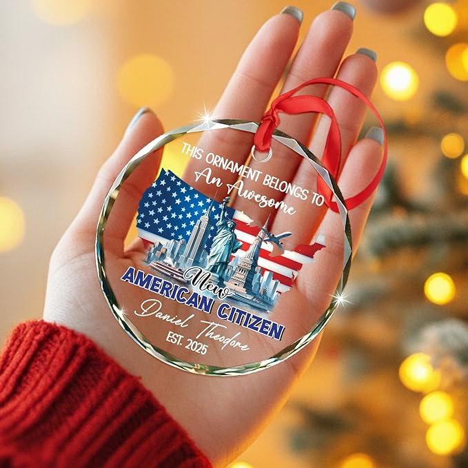 This Ornament Belongs to an Awesome New American Citizen Ornament, Personalized Citizenship Glass Christmas Ornaments Gifts for Family Friends, Custom Name USA American Citizen Xmas Decorations 2025