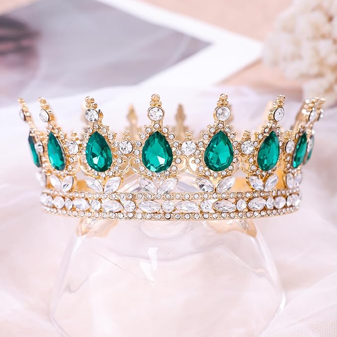 Green Queen Crown for Women Crystal Tiara for Girl Rhinestone Wedding Headband for Bride Hair Accessories for Costume Birthday Party Prom Gifts