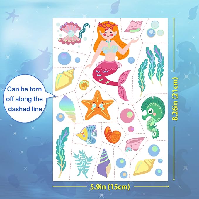 Temporary Tattoos Mermaid for Kids, 80+ Metallic Foil Style Bronzing Fake Tattoos, 4 Sheets Glitter Tattoos, Birthday Party Supplies, Easter Present, Ocean Animal Stickers for Boy and Girls