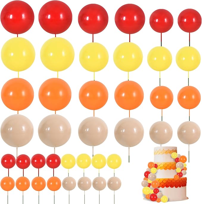 BEISHIDA 40 Pcs Ball Cake Toppers Mini Balls Cake Decorations Sticks Foam Balls DIY Cake Topper Insert Balls for Fall Autumn Harvest Thanksgiving Birthday Baby Shower Cake Decorations