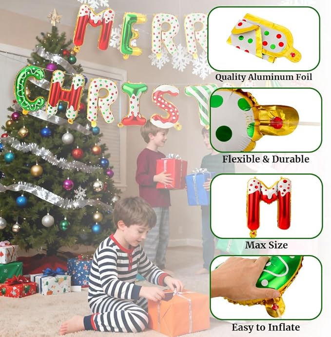 16 Inch Merry Christmas Balloons 14 PCS Red and Green Balloons Banner Candy Cane Gingerbread Xmas Letter Aluminum Mylar Foil Balloon Decorations Backdrop Hanging Party Favors Supplies Indoor Outdoor