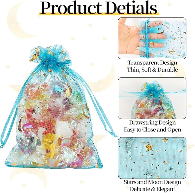 Moon Star Organza Bags 4x6 Small Mesh Bag Drawstring 50 Pcs Mesh Gift Bags Drawstring Pouch Wedding Favor Bags Jewelry Pouches Bulk Gift Pouch for Candy Soaps Birthday Festival Party Supplies, Blue