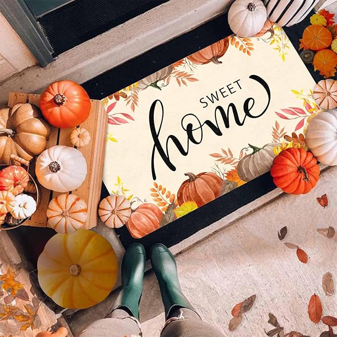 Fall Welcome Maple Leafs Decorative Door Mat, Autumn Thanksgiving Doormat for Indoor Outdoor Entrance Floor Mats,Fall Pumpkins Non Slip Harvest Vintage Decor Rubber Welcome Mats 16" x 24" Inch