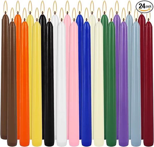 24 Pack 10" Tall Colored Taper Candles, Dripless Unscented Colorful Candlesticks for Birthdays Dinner Party Home Décor, Long Burning Spell Chime Candles for Meditation.
