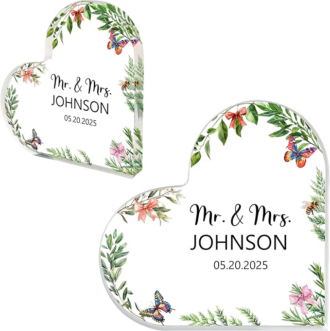 Custom Wedding Heart Acrylic Plaque,Mr & Mrs Cake Topper,Personalized Wedding Keepsake/Gift/Sign (Style 18)