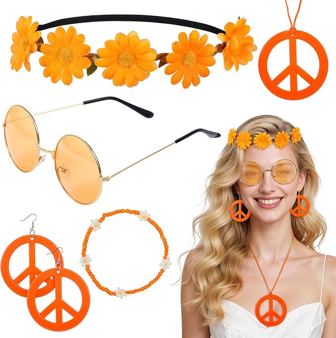 6Pcs Hippie Costume Accessories Set, Boho Peace Sign Daisy Flower Round Hippie Sunglasses and Peace Sign Necklaces and Earrings 60s 70s Party Favors Decoration for Halloween and Christmas Girls Women