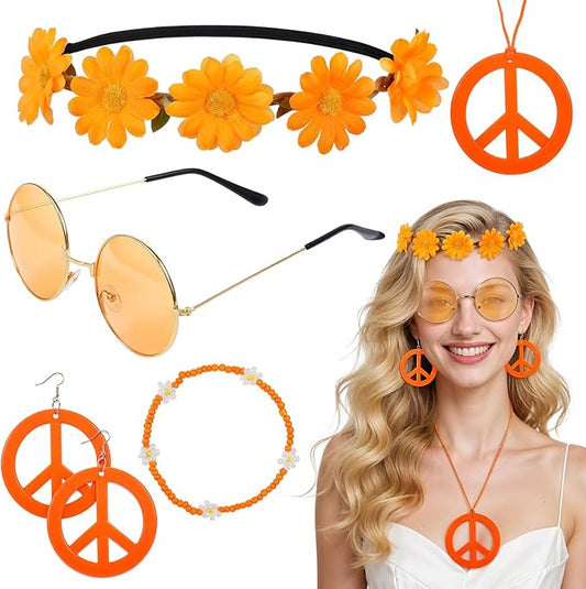 6Pcs Hippie Costume Accessories Set, Boho Peace Sign Daisy Flower Round Hippie Sunglasses and Peace Sign Necklaces and Earrings 60s 70s Party Favors Decoration for Halloween and Christmas Girls Women