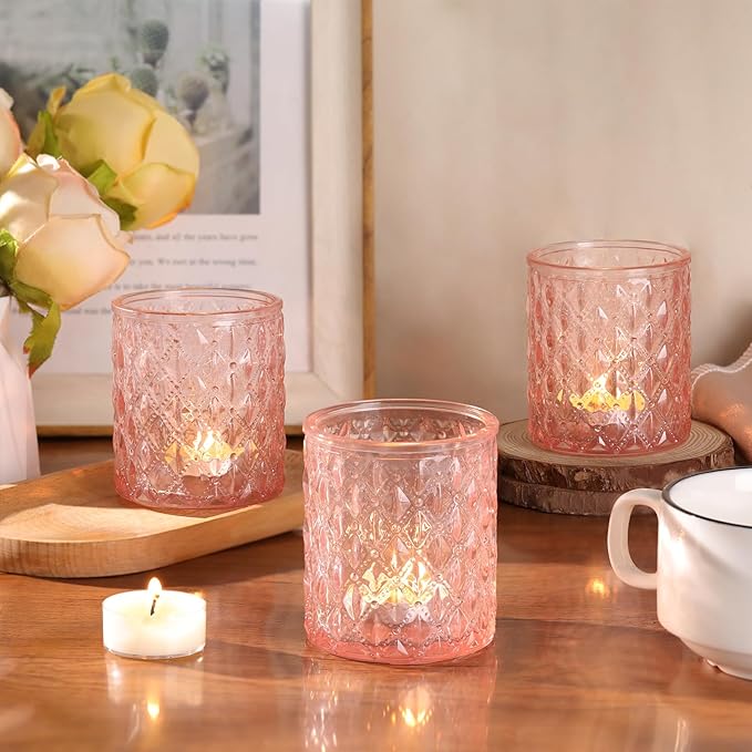 8Pcs Large Votive Candle Holders Pink Tea Light Candle Holders Glass Candle Holder for Wedding, Bridal Shower,Table Centerpiece,Party, Home Decor