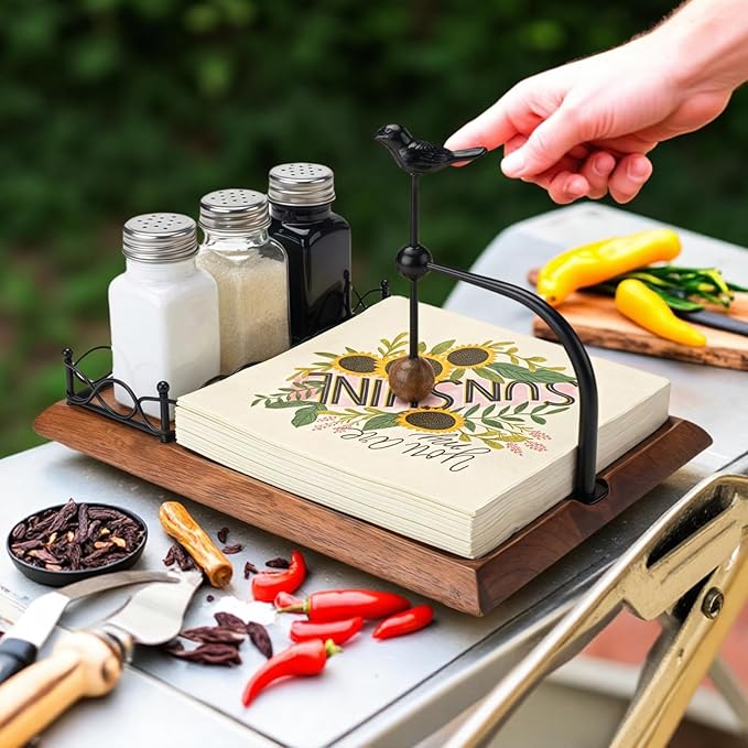 Solid Wooden Bird Napkin Holder for Table，Napkin Dispenser with Salt and Pepper Shakers, 2-in-1 Vintage Flat Paper Towel Holder for Bar, Kitchen & Dinning Room not Included Shakers