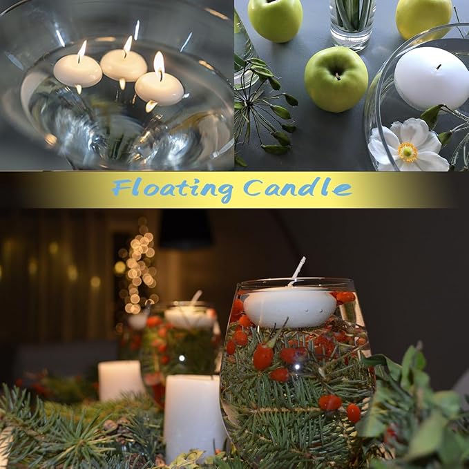 24 Pack White Floating Candles-2 inch-Long Lasting Burning time,Unscented White Candle for Weddings,Holidays,and Home Decor,Creating a Warm Atmosphere