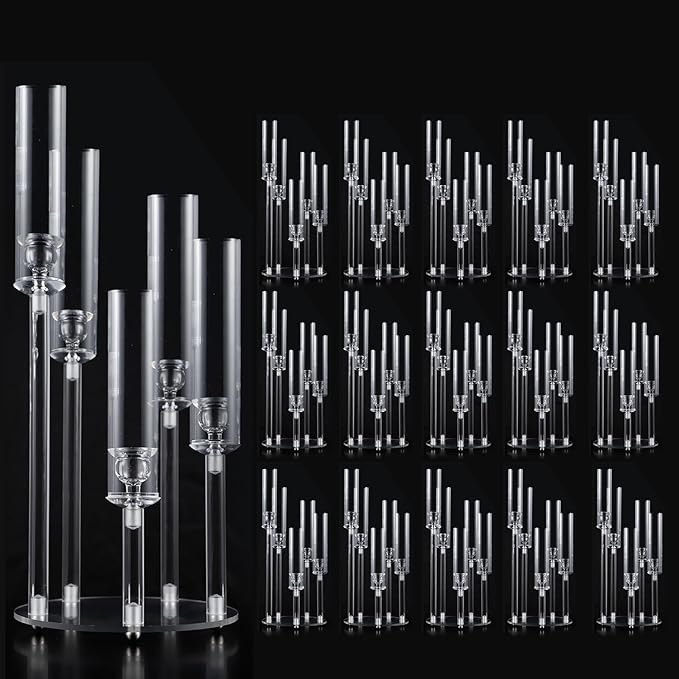 Acrylic Candelabra Centerpieces for Tables,16PCS Clear Candle Holder with Lampshade for Wedding,Halloween,Christmas Party,Fit 0.87 LED Candle candelabros para centros de mesa（22Inches）
