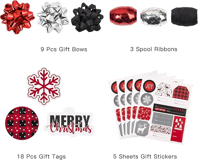 WRAPAHOLIC Christmas Wrapping Paper Set - Reindeer, Snowflake, Plaid Wrapping Paper Bundle with Gift Bow & Ribbon & Tag & Sticker