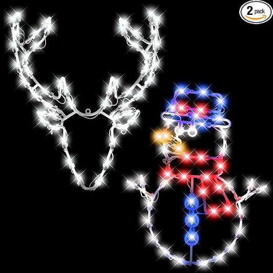 Christmas Window Silhouette LED Lights Decorations 16", Pack of 2 Sign Lighted Snow Man and deer head 16"Plug-in Christmas Window Lights with 50 Bulbs for Holiday Indoor Wall Door Glass Decor