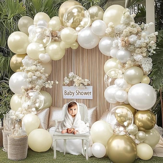 White Gold Balloon Arch Double Stuffed Pearl White Sand Cream Gold Balloon Garland Kit Pearl Ivory Beige Balloons for Wedding Baptism Bridal Shower Birthday Baby Shower Bachelorette Party Decor