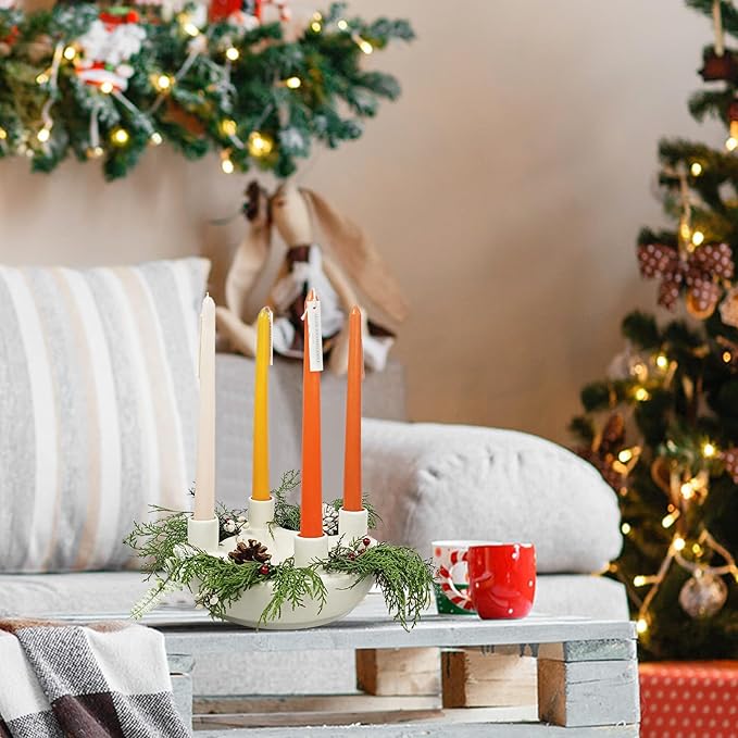 Ceramic Advent Wreath Candle Holder - 4 Taper Candlestick Seats, Ivory Modern Candle Stand for Christmas Holiday Home Party Kitchen Table Decor (Without Candles)