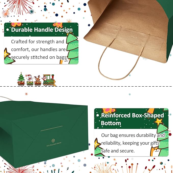 BagDream Forest Green Gift Bags with Handles Bulk 5.25x3x8 Inch 100Pcs Small Kraft Paper Bags for Christmas, Thanksgiving, Craft, Party Favors, Retail, Grocery, Recyclable
