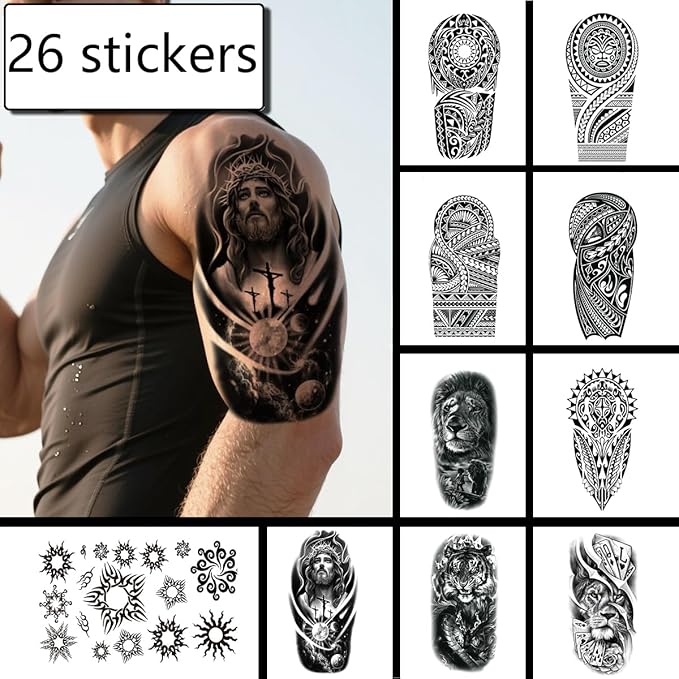 20 Sheets Temporary Tattoos - Black Fake Tattoo Stickers Set for Women Men, Including Floral Mandala and Animal Tribal Designs, Waterproof Body Art for Party Festival