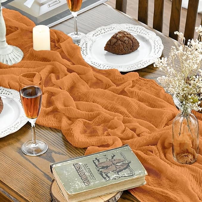 Artoid Mode Boho Orange Gauze 6 Pieces Wedding Table Runner, 120 Inch Birthday Fabric Kitchen Dining Holiday Table Decor for Home Party Indoor