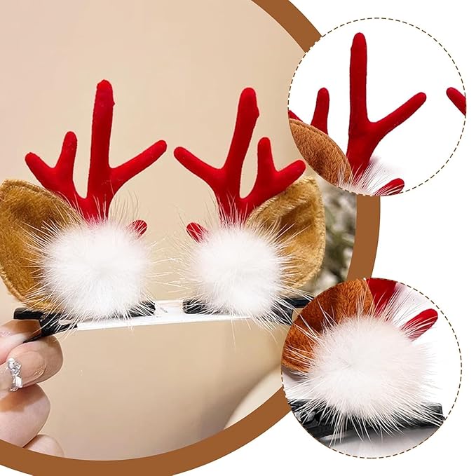 Christmas Reindeer Antlers Headband Brown Red Deer Ears Clips with Elk Fluff Red Antler Design Party Xmas Deer Antlers Decor Holiday Costume Hairpin for Women Ear Decoration