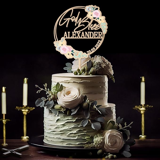 Personalized God Bless Cake Topper Custom Name & Date Baptism Christening Communion Cake Topper Decoration (Design 01)