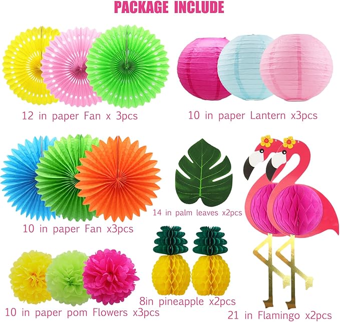 Flamingo Party Honeycomb Decoration, Hanging Paper Fan, Palm Leaf , Pineapple Paper lanternFiesta Party Supplies, Tissue Paper Flowers for Hawaiian Beach Luau Party Birthday Wedding Photo Backdrop