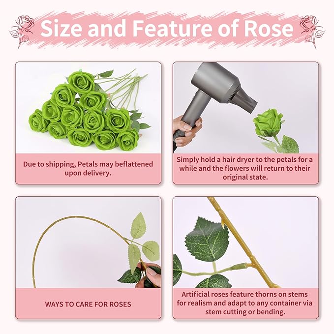 52 PCS Green Artificial Roses Bulk, Fake Artificial Flowers Bridal Bouquet Silk Faux Rose with Stems for Wedding Flowers Decoration, Valentine's Day, Bridal Bouquet, Anniversary, Home Decor (52PCS)