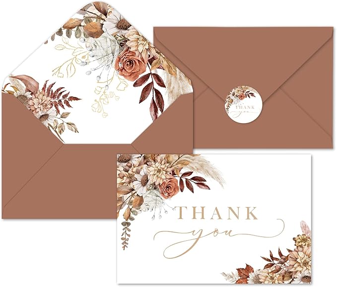 Whaline 50 Pack Boho Floral Thank You Cards Boxed Retro Flower Note Cards with Envelopes Stickers Fall Blank Card for Thanksgiving Bridal Shower Baby Shower Wedding Supplies, 4 x 6 Inch