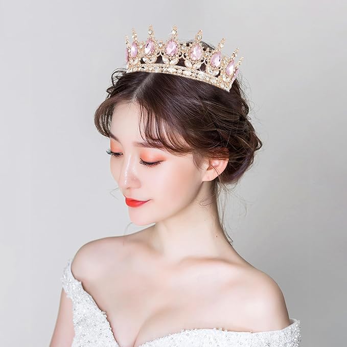 Queen Crown Rhinestone Wedding Crowns and Tiaras for Women Costume Party Hair Accessories Princess Birthday Crown Crystal BridalCrown(Rose Gold Pink Crown)