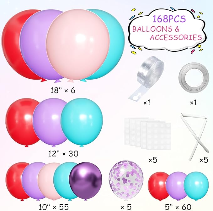 Red Purple Teal Balloon Garland kit, 156 Pcs Metallic Purple Pastel Pink and Confetti Purple Balloons Arch for Teenage Girl Birthday Gymnastics Music Fans Theme Party Decoration