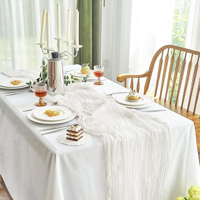IVAPUPU 10 Pcs Cheesecloth Table Runner - 10ft Ivory White Boho Gauze Cheese Cloth Table Runners for Baby Shower Decoration Wedding Party Summer Garden Farmhouse