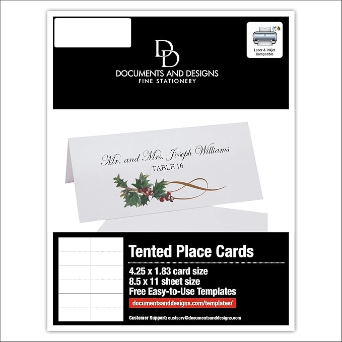 Christmas and Holiday Holly Swirl Printable Place Cards, Set of 60 (10 Sheets), Laser & Inkjet Printers - Wedding, Party, Dinner, and Special Events - Made in the USA