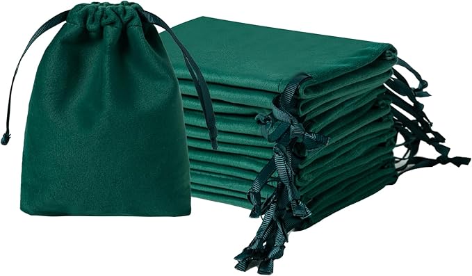 12pcs Forest Green Drawstring Bags 3x4 inches Small Velvet Cloth Gift Bags Jewelry Pouches for Bracelet Storage Wedding Party Favor Christmas