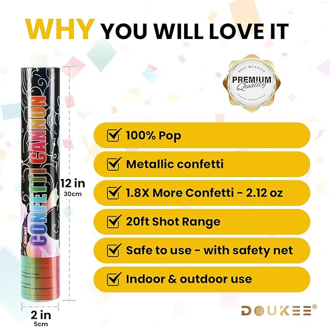 Biodegradable Confetti Cannon Poppers, DOUKEE Multicolor Confetti Shooter, Party Popper 2PK for Celebration, Birthday, Graduation, New Year's Eve Party