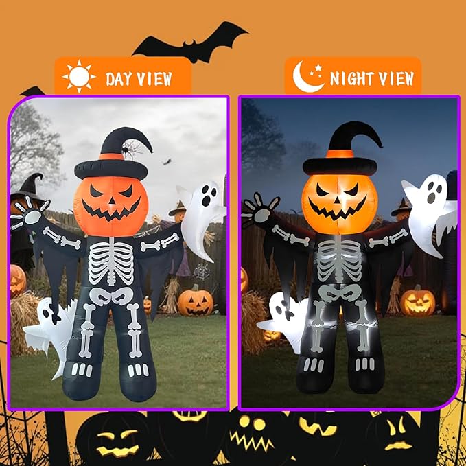 LANGXUN 8ft Skeleton Pumpkin with Ghosts 2025 Halloween Inflatable Decorations - Giant LED-Lit Outdoor Indoor Yard Decor for Lawn, Garden, Patio Holiday Parties