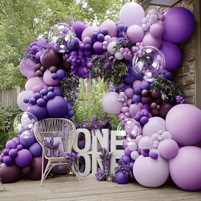 Purple Balloon Arch Garland Kit With Clear Balloons, Double Stuffed Lavender Purple Lilac Balloons for Birthday Wedding Butterfly Baby Shower Fairy Floral Flower Party Decorations