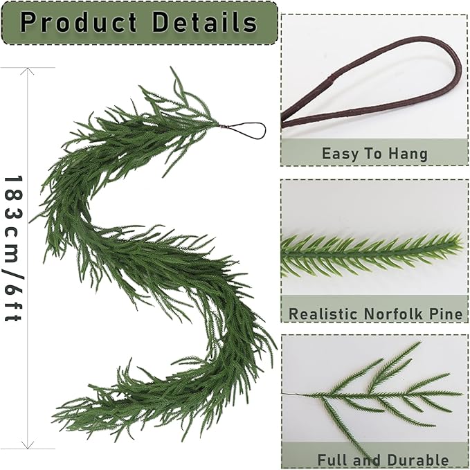 6ft Christmas Norfolk Pine Garland, Real Touch Artificial Greenery Garland for Holiday Mantle Table Wall Fireplace Windows Indoor Outdoor Home Decorations(1, 6FT)