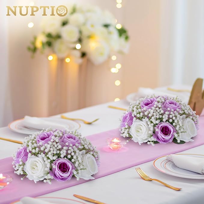 NUPTIO Flower Ball Arrangement Bouquet: 10 Pcs 8.6 inch Diameter Lilac Rose Fake Babys Breath Artificial Flowers for Wedding Centerpiece Event Party Tables Decorations
