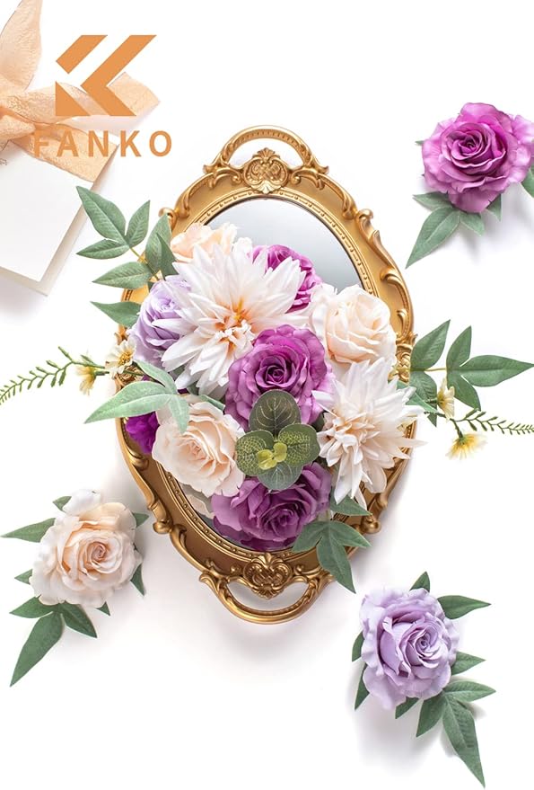 FANKO Rose Artificial Flowers Combo for DIY, Fake Purple Rose Silk Flowers Greenery, Faux Flowers for Wedding Bridal Bouquet, Baby Shower, Table Centerpieces, Floral Arrangement, Party Home Decoration