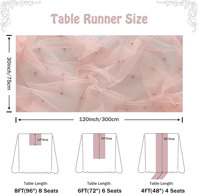 Fanami 6 Pack Pearl Table Runner -10FT Dusty Pink Boho Tulle Table Runners 120 Inches Long Rustic Sheer Lace Fabric Centerpieces for Wedding Arch Birthday Party Bridal Veil Baby Shower Decorations