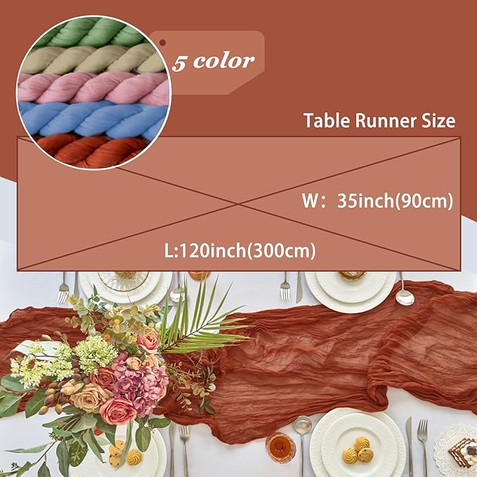 IVAPUPU 2 Pcs Cheesecloth Fall Table Runner - 10ft Terracotta Boho Gauze Cheese Cloth Table Runner for Baby Shower Decoration Wedding Party Summer Garden Farmhouse
